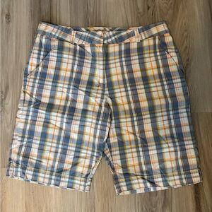 L.L. Bean Women's Plaid Bermuda Shorts Size 14 Regular Orange Blue White Cotton